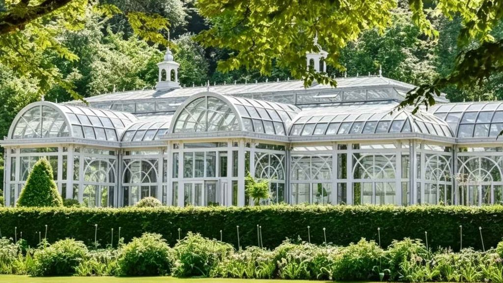 Victorian glass conservatory YSGH‑017 exterior view in well‑maintained green garden